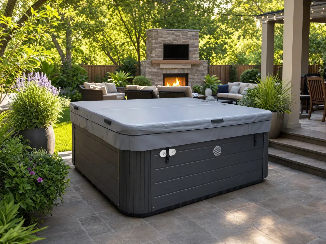 Grey AIRCAP 1 lightweight hot tub cover on a square spa in a backyard patio