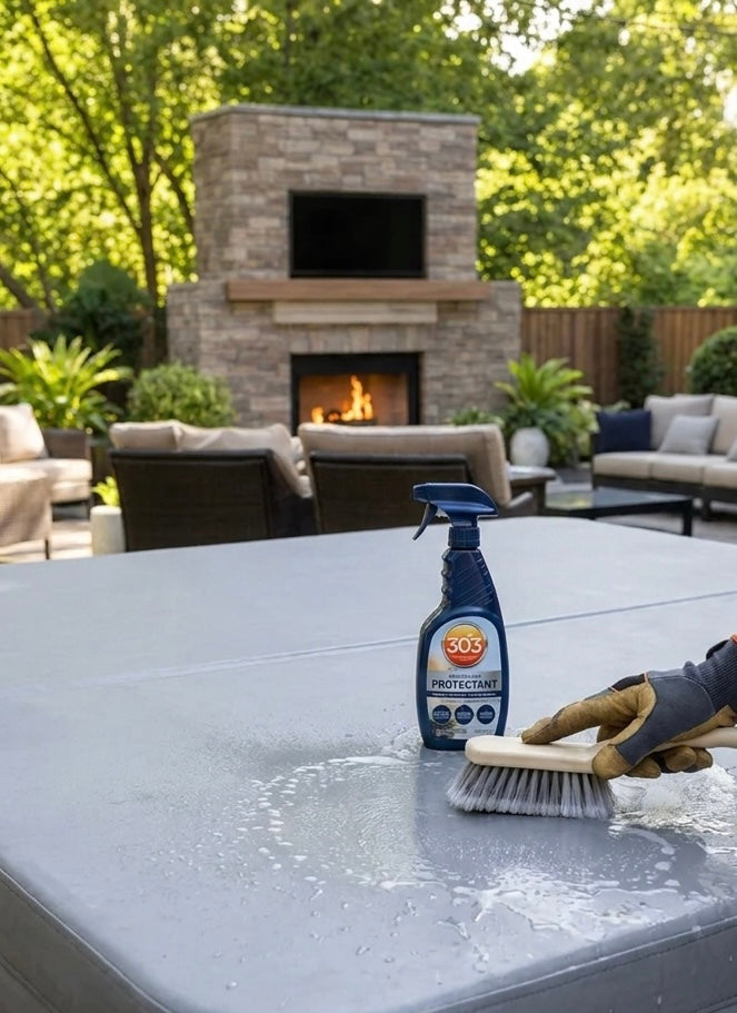 A gloved hand cleaning a grey AIRCAP 1 hot tub cover with a soft brush, beside a bottle of 303 Protectant
