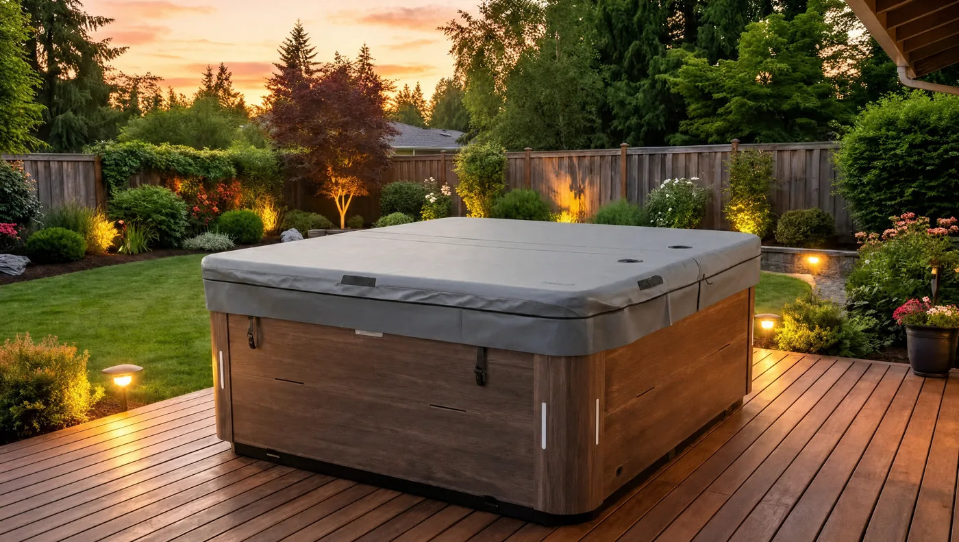 AIRCAP 1 cover on a hot tub at dusk