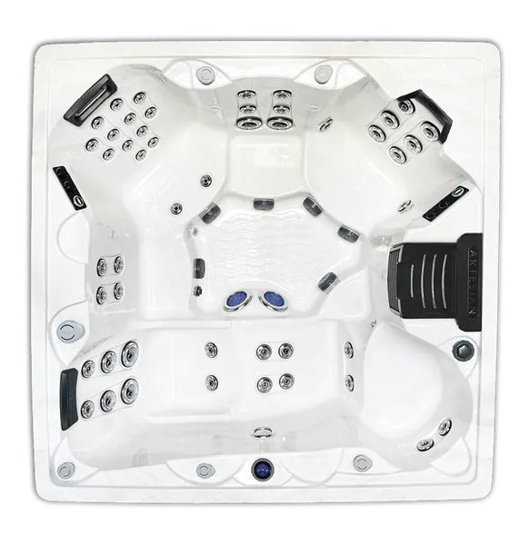 Top-down view of the Artesian Spas Island Spas Antigua hot tub — 84" x 84" square cabinet