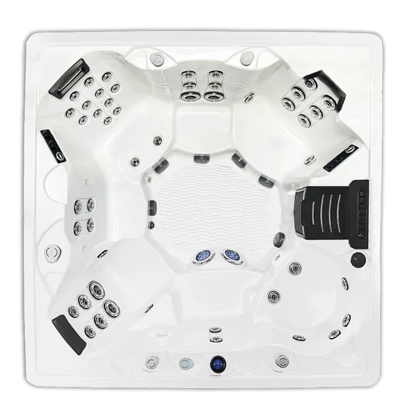 Top-down view of the Artesian Spas Island Spas Captiva hot tub — 84" x 84" square cabinet