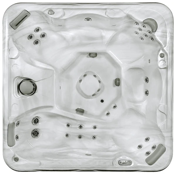 Top-down view of the Artesian Spas South Seas 840LE hot tub — 91" x 91" square cabinet