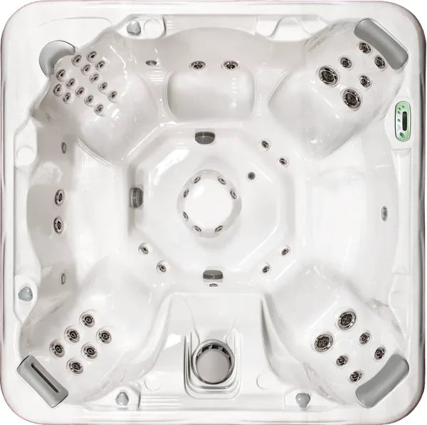 Top-down view of the Artesian Spas South Seas 850B hot tub — 91" x 91" square cabinet