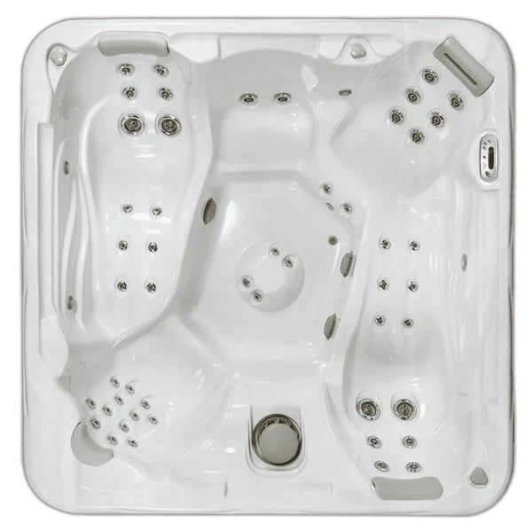 Top-down view of the Artesian Spas South Seas 853DL hot tub — 91" x 91" square cabinet
