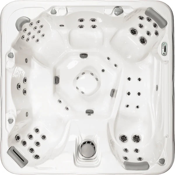 Top-down view of the Artesian Spas South Seas 860L hot tub — 91" x 91" square cabinet