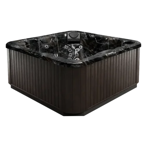 Top-down view of the Dimension One Spas Wayfarer hot tub — 83" x 83" square cabinet