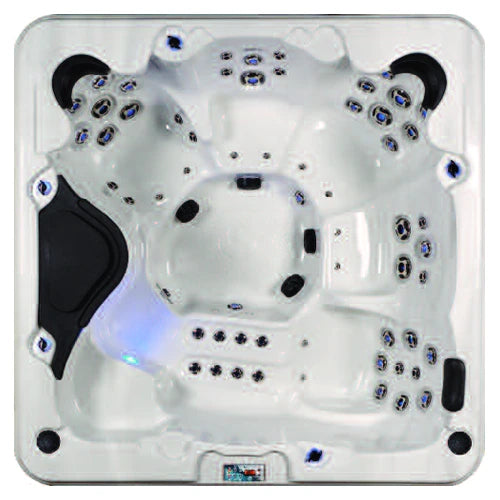 Top-down view of the Evolution Spas Essence 72 hot tub — 85" x 85" square cabinet