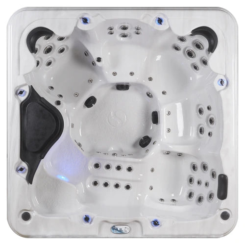 Top-down view of the Evolution Spas Impression 85 hot tub — 85" x 85" square cabinet