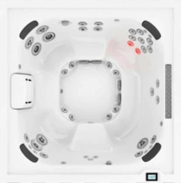 Top-down view of the Jacuzzi J408 hot tub — 89" x 89" square cabinet