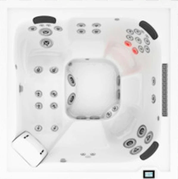 Top-down view of the Jacuzzi J408L hot tub — 89" x 89" square cabinet