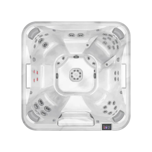 Top-down view of the Jacuzzi J508 hot tub — 94" x 94" square cabinet