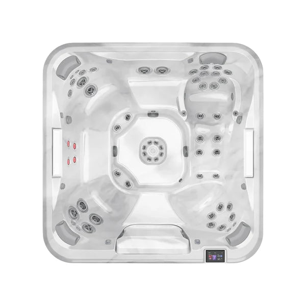 Top-down view of the Jacuzzi J508L hot tub — 94" x 94" square cabinet