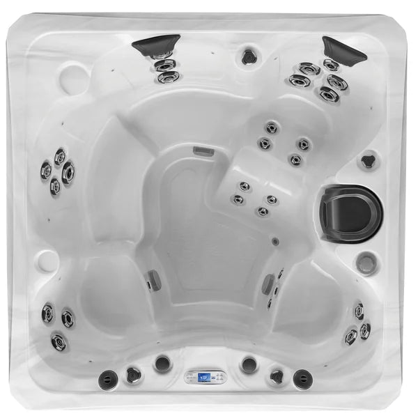 Top-down view of the Marquis Spas Broadway Elite hot tub — 77" x 77" square cabinet