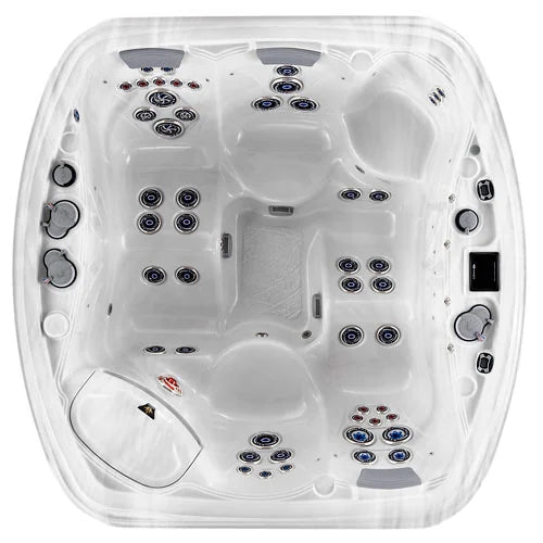 Top-down view of the Marquis Spas Resort hot tub — 85" x 85" square cabinet