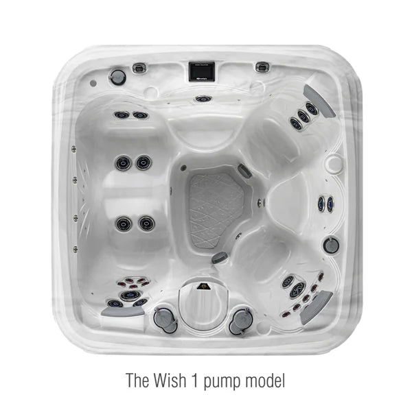 Top-down view of the Marquis Spas Wish hot tub — 77" x 77" square cabinet