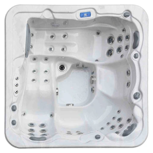 Top-down view of the Riptide Spas Heritage Esteem hot tub — 83.5" x 83.5" square cabinet