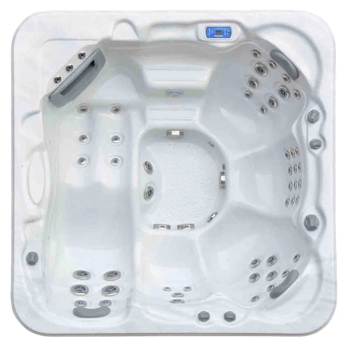 Top-down view of the Riptide Spas Heritage Tribute hot tub — 82.5" x 82.5" square cabinet