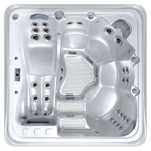Top-down view of the Riptide Spas Infinity 360 (BT360) hot tub — 78.5" x 78.5" square cabinet
