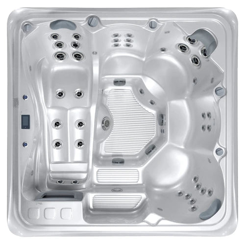 Top-down view of the Riptide Spas Infinity 760 (BT760) hot tub — 91" x 91" square cabinet