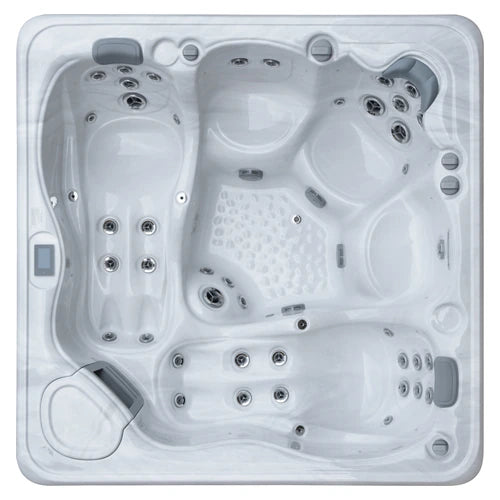 Top-down view of the Riptide Spas Starlight Solstice Platinum (RB770) hot tub — 91" x 91" square cabinet