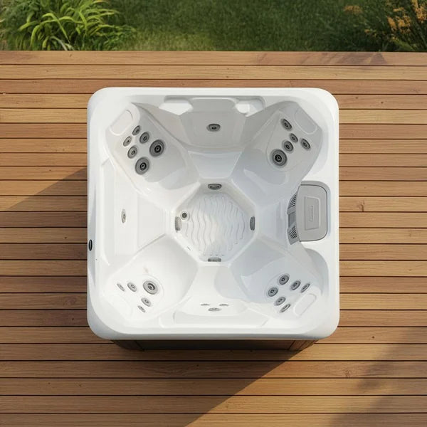 Top-down view of the Superior Wellness Aqua Solus Vacation Cove hot tub — 84" x 84" square cabinet