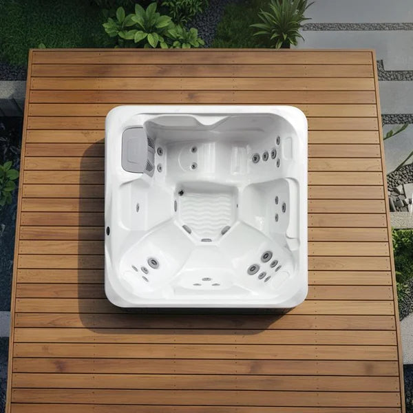 Top-down view of the Superior Wellness Aqua Solus Vacation Cypress hot tub — 84" x 84" square cabinet