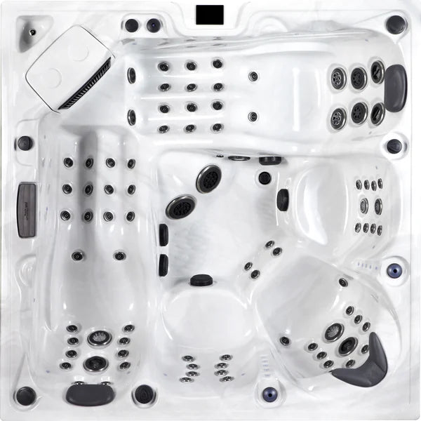 Top-down view of the Superior Wellness Platinum Onyx hot tub — 87" x 87" square cabinet