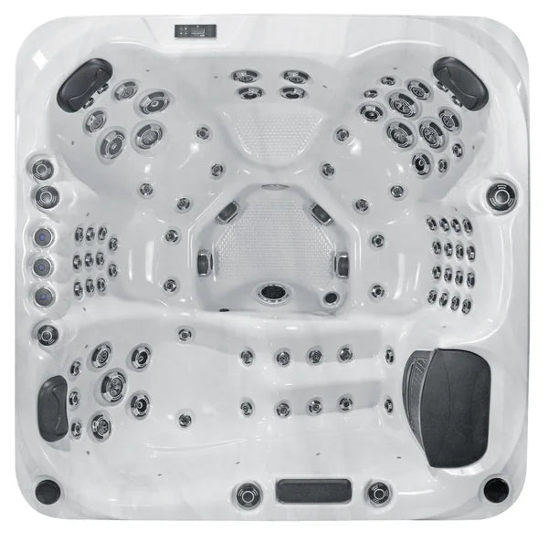 Top-down view of the Superior Wellness Platinum Palma hot tub — 79" x 79" square cabinet