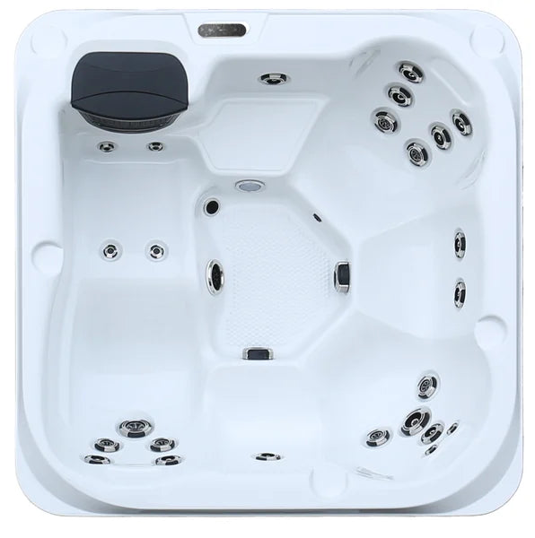 Top-down view of the Superior Wellness Platinum Vacation Lounge hot tub — 79" x 79" square cabinet